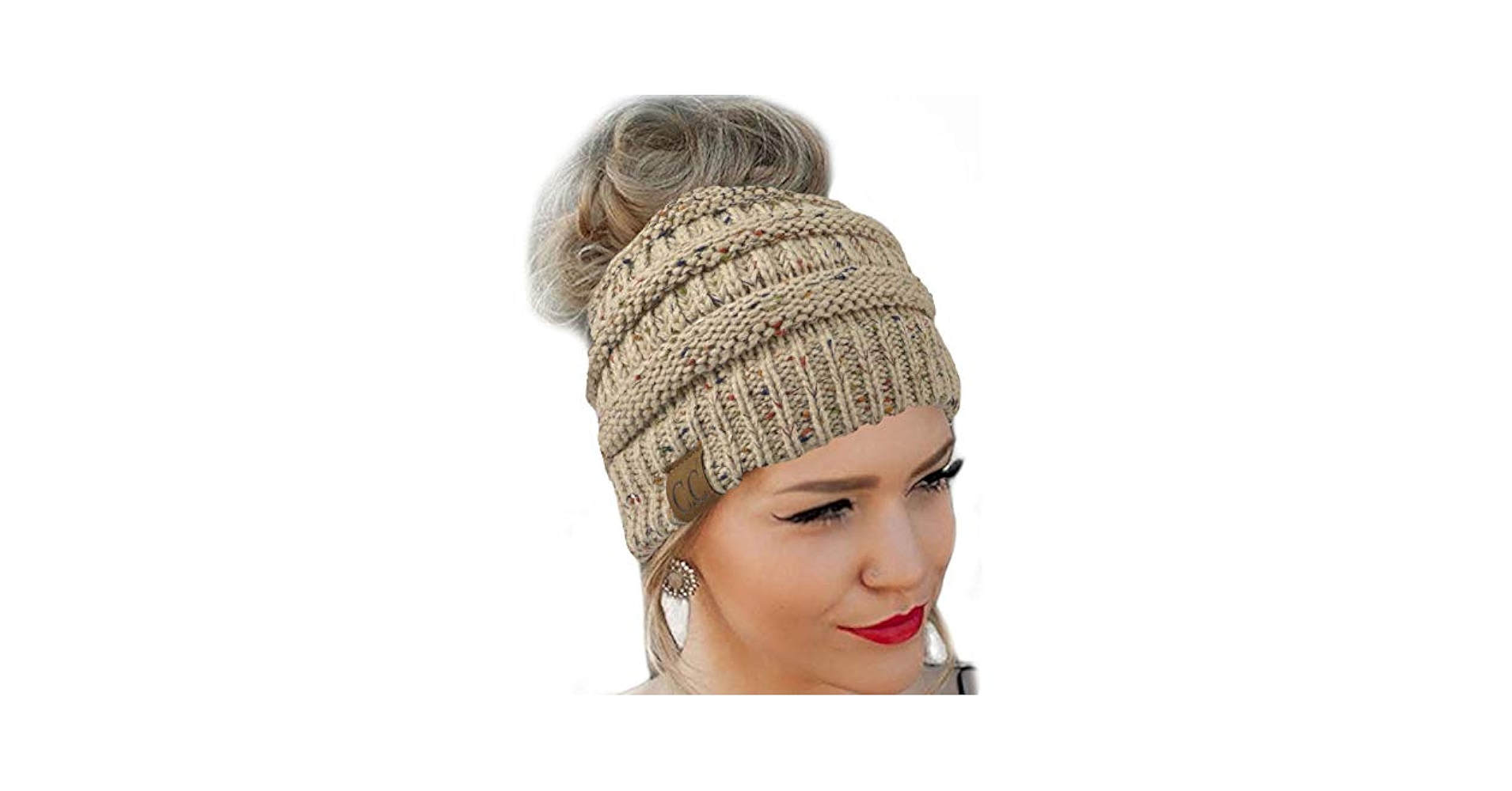 Messy Bun Hat Beanie CC Quality Knit (Latte Flecked) at